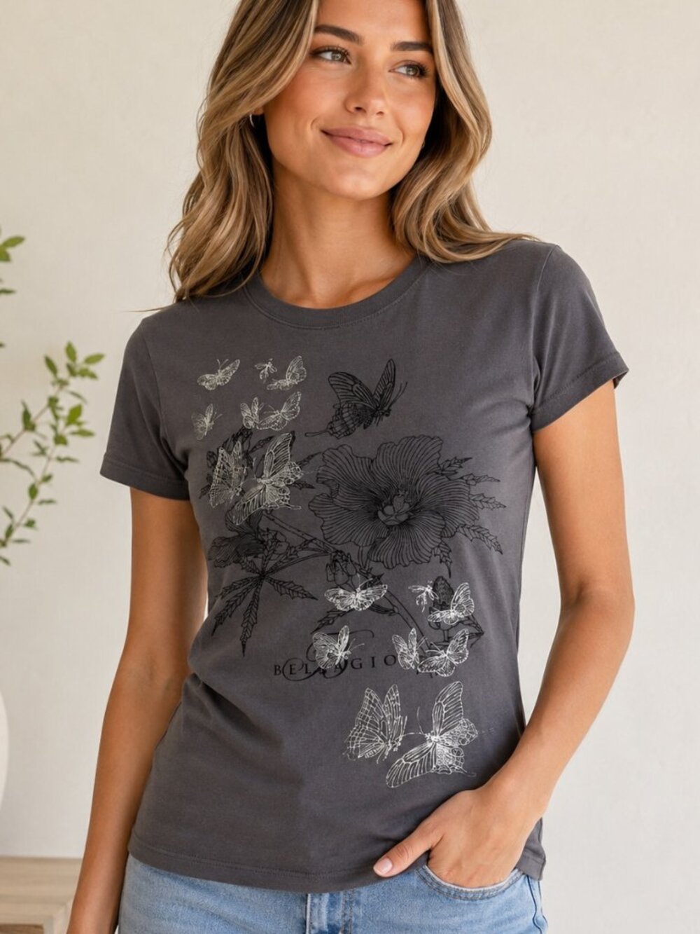 Bellagio Las Vegas Butterfly Floral Silver Foil Graphic Tee Gray Cotton Medium M